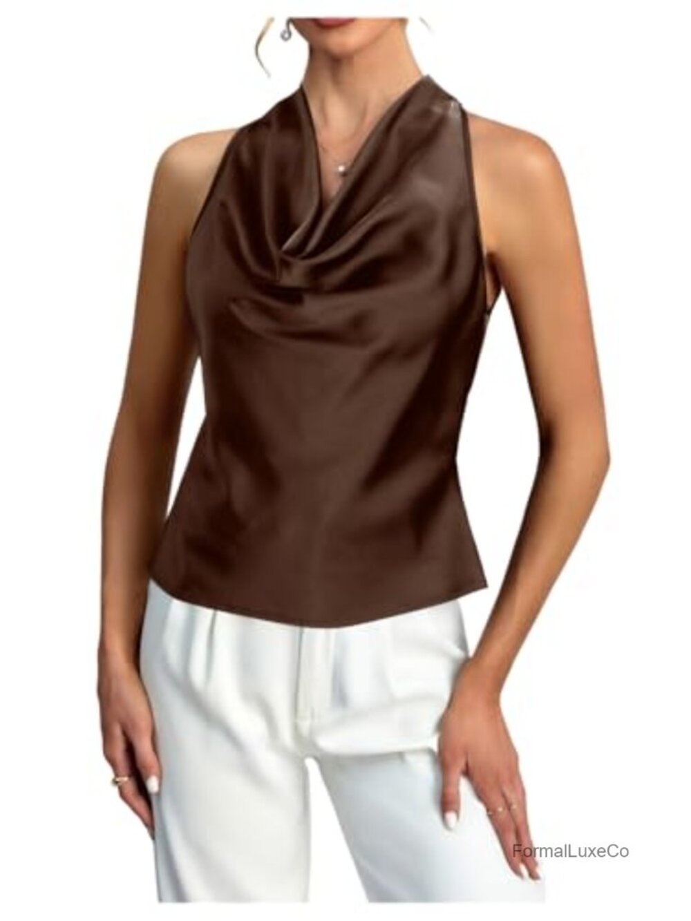 Women's Cowl Neck Halter Sleeveless Tie Back Elegant Satin Blouse